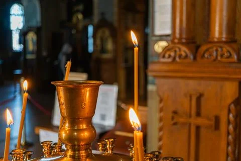 A tranquil image featuring a lit brass menorah, suggesting a peaceful religio Stock Photos