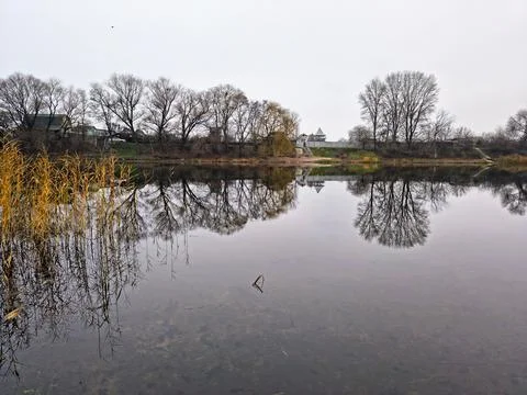 Tranquil lake with mirror-like reflections of leafless trees and cloudy sky.. Foto stock