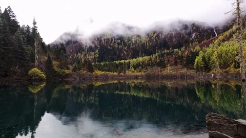 Tranquil Lake Reflecting Autumn Forest and Foggy Mountains in China Stock Footage 346356266