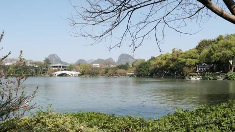 A tranquil lake reflects the trees and buildings in a scenic park Stock Footage 312304440