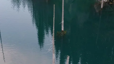 Tranquil lake scene with reflections, camera pans across serene water Vídeos de archivo 319435533