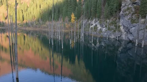 Tranquil lake scene with reflections, camera pans across serene landscape 動画素材 319543946
