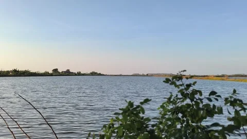 Tranquil Lake Scenery with Clear Blue Sky and Green Foliage Stock Footage 340489191