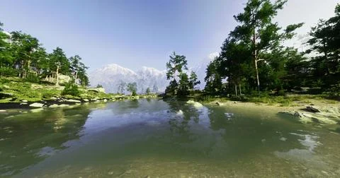 Tranquil lake surrounded by lush greenery and majestic mountains in daylight Illustrazione stock