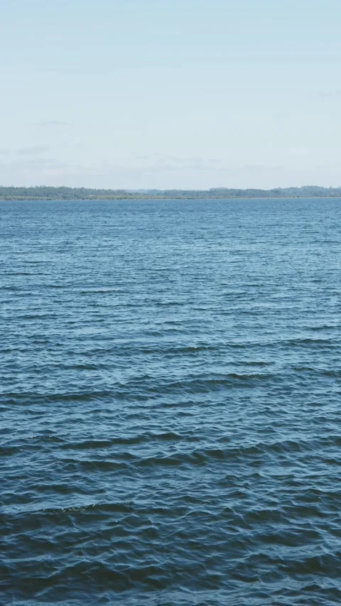 Tranquil lake view with small waves under a clear sky Видео 290041478