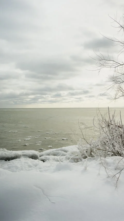 The tranquil lakeside after a heavy snowfall (vertical video) Stock Footage 329072583