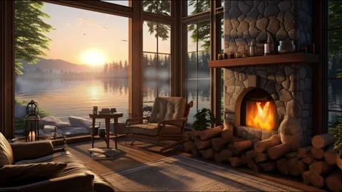 Tranquil Lakeview from a Cozy Cabin Interior 库存影片 264762152