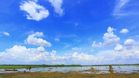 Tranquil Landscape: Blue Sky, White Clouds, and Still Water Stock Footage 311530519