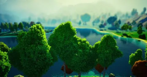 Tranquil landscape with vibrant trees and serene lake in daylight Stock Illustration