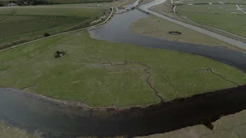 Tranquil Meandering River and Delta Aerial Drone Footage Stock Footage
