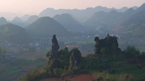 Tranquil Morning View of Ha Giang's Rice Fields and Mountains Stock Footage 280109746