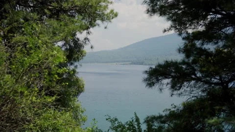 Tranquil mountain lake glimpsed through leafy forest branches with clouds Stock Footage 343156244