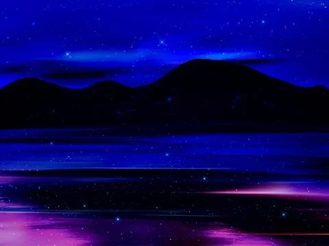 A tranquil mountain landscape beneath a glowing star-filled night sky Stock Illustration