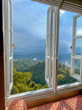 Tranquil Mountain View Through Open Window Stock Photos