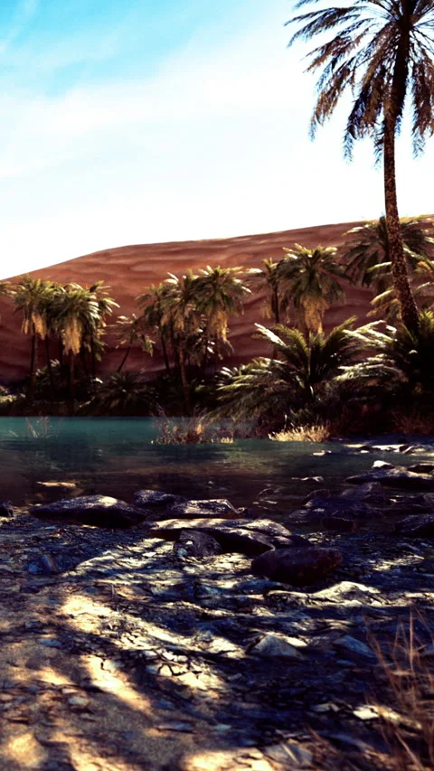 Tranquil oasis with lush palm trees and glistening water under the sun 库存影片 335232542