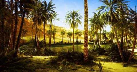 Tranquil oasis with palm trees and golden sand in a desert landscape Stock Illustration