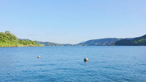 Tranquil ocean bay with clear blue sky, green hills, and buoy floating on water Stock Footage 340749812