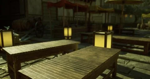 Tranquil outdoor dining area featuring wooden tables and soft lighting Stock Illustration
