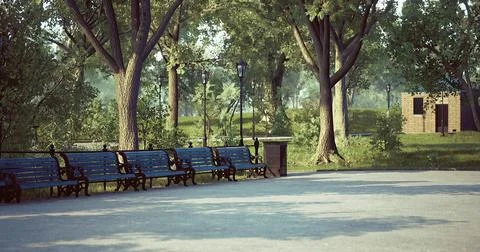 Tranquil park setting with benches and lush greenery during daylight Stock Illustration
