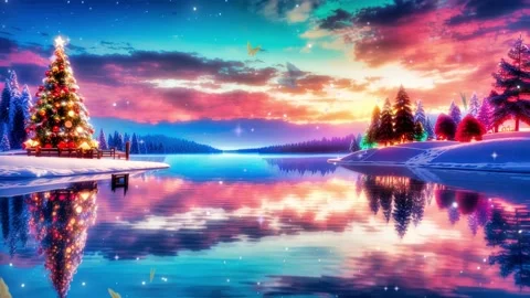 Tranquil Picturesque view of the sunset snowfall with a Christmas tree Video stock 258643375