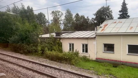 Tranquil Rail Yard With Rusting Train Cars and a Serene Countryside Backdrop Stock Footage 316543266