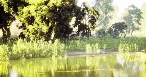 Tranquil reflection of trees and water in a serene natural setting Stock Illustration