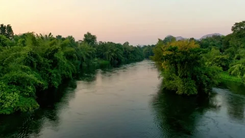 A tranquil river flows through a lush green forest landscape at dusk Stock Footage 312391010