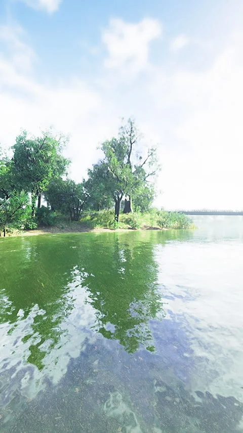 Tranquil river landscape seen under bright sunny sky with lush green trees 스톡 동영상 321316850