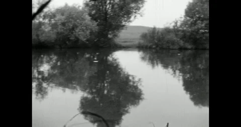 Tranquil River Reflecting Trees on the Banks, Vintage Archival Film Video stock 322193827