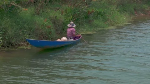 Tranquil River Scene in Hoi An with a Local Rowing Along the Green Bank Stock Footage 296142341