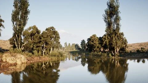 Tranquil river surrounded by lush trees under clear blue sky at dawn Stock Illustration