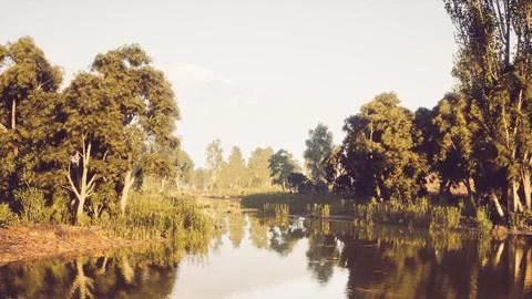 Tranquil river surrounded by lush trees and greenery under a clear sky Stock Illustration