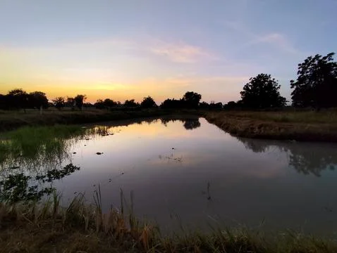 A tranquil river view with the sun setting over the calm waters and clear sky. Stock Photos