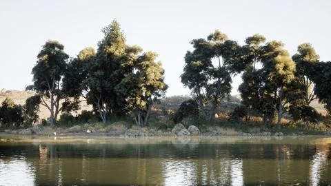 Tranquil riverside scene with lush greenery on a calm day Stock Illustration