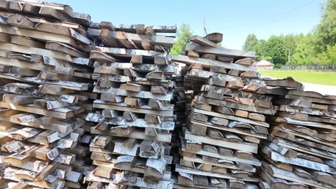 Tranquil rural scene with stacked birch firewood and peeling bark details Stock Footage 322195840