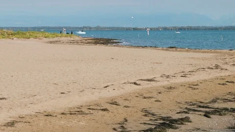Tranquil sand dunes, waves and lush foliage overlooking the hills in Lignano Stock Footage 117412954