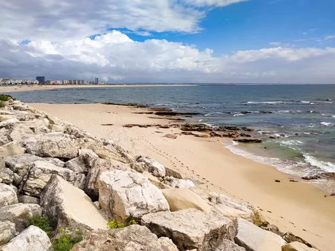 This tranquil sandy beach meets the blue ocean under a lovely cloudy sky, fra Stock Photos