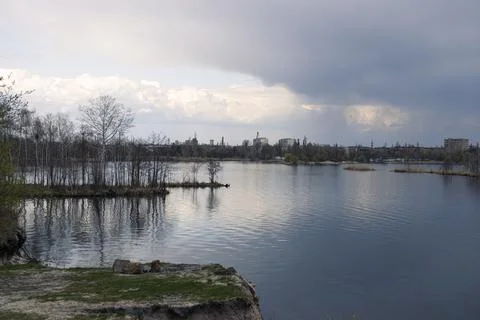 Tranquil scene of leafless white trees reflected in a still pond with a sand Stock Photos