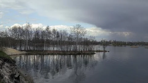 Tranquil scene of leafless white trees reflected in a still pond with a sand Stock Photos