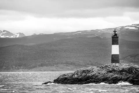 Tranquil scene of Les Eclaireurs lighthouse situated on the remote Tierra d.. Stock Photos