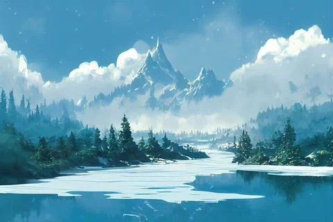 Tranquil scenery with snow castle in clouds, Mountain creek Stock Illustration