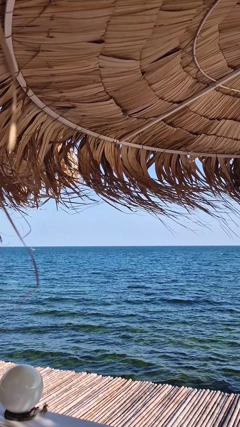 Tranquil seaside scene under a straw sunshade. Clear blue sea and sky. Serene an Stock Footage 285063615