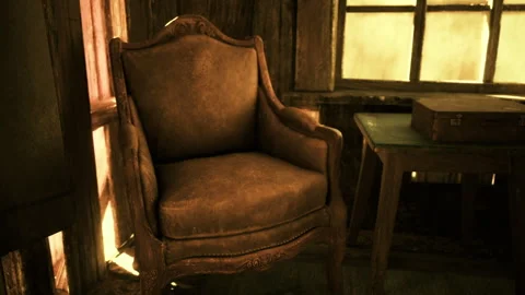 Tranquil setting featuring sunkissed armchair and rustic interior charm Stock Footage 335102170