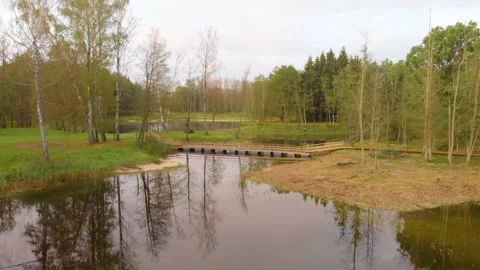 Tranquil spring landscape view of Kirkilų Lake in Northern Lithuania, with trees Stock Footage 321756213