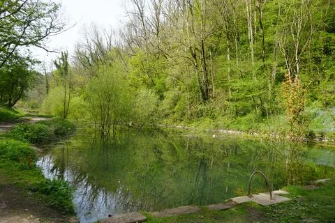 Tranquil Spring Reflections Of Green Trees In River, Youlgrave, Peak District, 库存照片