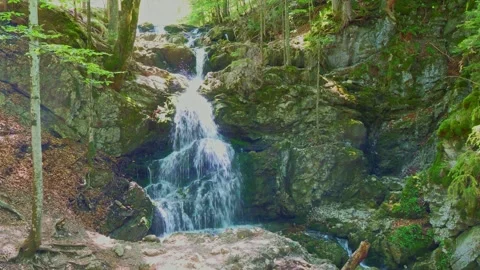 Tranquil summer reflections at Josefstaler waterfall surrounded by lush alpin Stock Footage 308325333