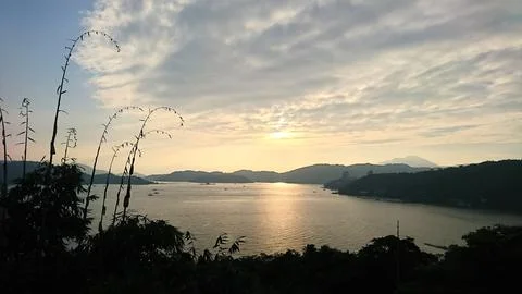 Tranquil sunset view over Sun Moon Lake with bamboo silhouettes and layered Stock Photos