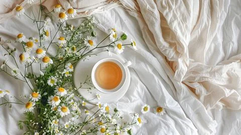 Tranquil Tea Time with Chamomile on a Bed Foto stock