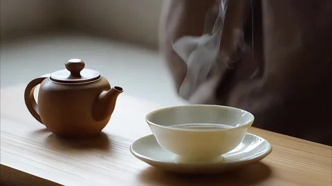 Tranquil Tea Time: Steam Rises from a Cup of Green Tea Video stock 285748745
