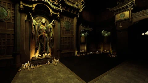 Tranquil temple decorated with bronze guardians and intricate carvings Stock Footage 335101871